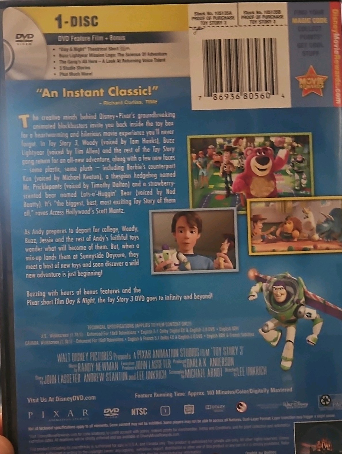 Disney Pixar Toy Story 3 DVD 2010 G 103 min NTSC Bonus Tom Hanks Unkrich