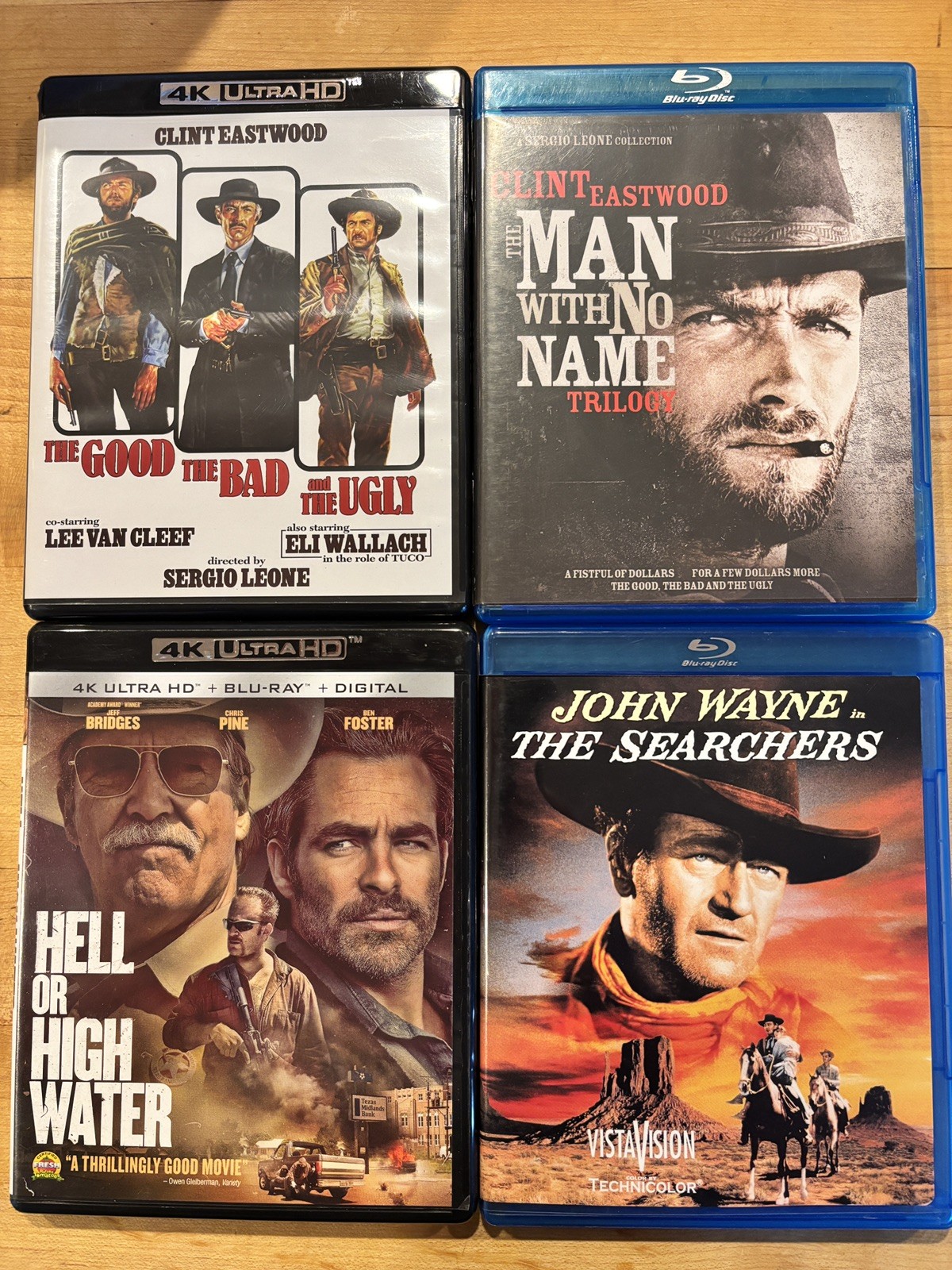 Hell-High Water (4k), Good-Bad-Ugly (4k), The Searchers (BR), Man No Name (BR)